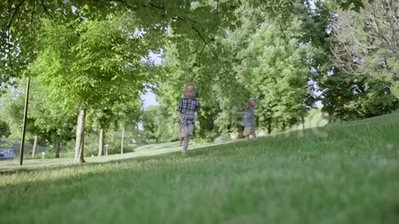 一群孩子在公园里奔跑男孩和女孩慢动作全高清视频的预览图