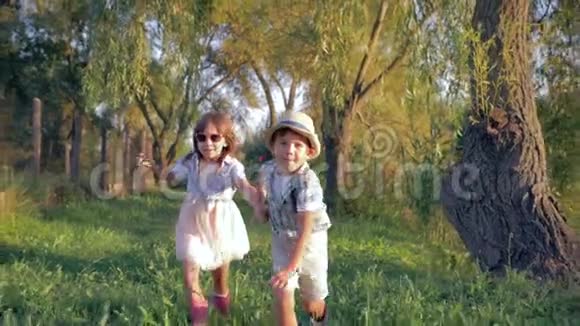秋天的散步快乐的孩子们一起跑手牵着相机在农村视频的预览图