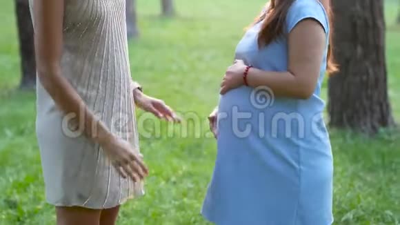 年轻女孩抚摸她怀孕的朋友的肚子视频的预览图