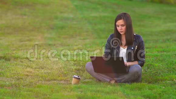 公园里的一个女孩在草坪上用笔记本电脑工作电话铃响接来电话视频的预览图