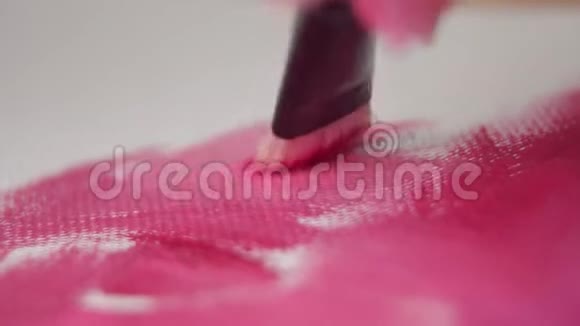 女孩艺术家的特写在白色画布上画粉红色的花视频的预览图