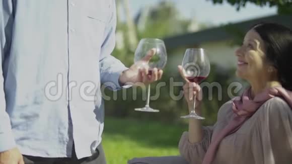 成年夫妇在户外喝一杯葡萄酒视频的预览图