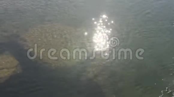 水下有阳光反射和石头的河流水面视频的预览图