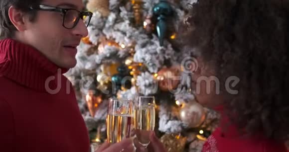 在圣诞树前戴着香槟杯的情侣视频的预览图