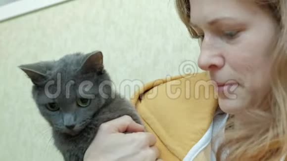 一个穿着黄色衣服的年轻女人抱着一只灰色的猫一只老鼠在女人身边跑一个朋友一只猫在抓一只猫视频的预览图