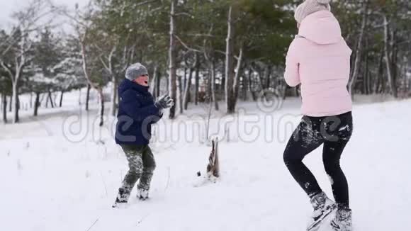 快乐的母子玩雪球在寒冷的冬日在树林里撒粉女人和男孩有雪战视频的预览图