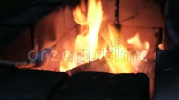 女孩晚上在火中煎香肠特写视频的预览图