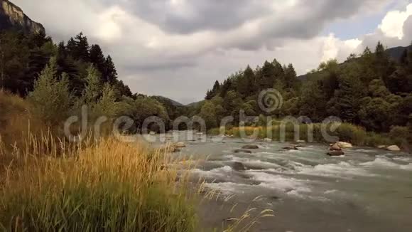 中间有鹅卵石的河流山和树中间有一股强劲的水流视频的预览图