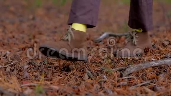 一个女人的腿沿着秋天的小径行走游客在大自然中行走视频的预览图