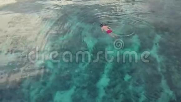 斯诺克勒在蓝色的海洋里游泳空中视频的预览图