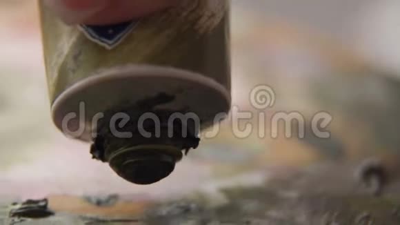 艺术家从调色板上的管子上挤压油漆特写视频的预览图