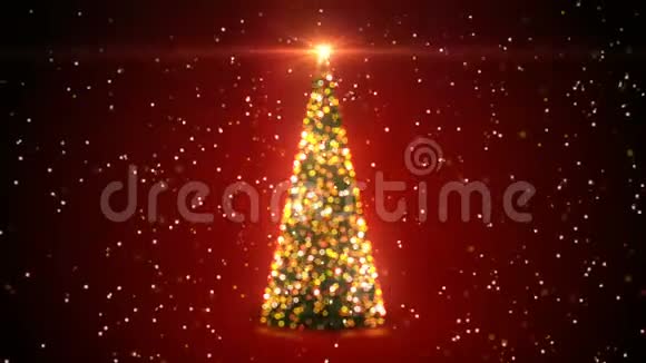 金色圣诞树与闪光灯旋转在雪落在离焦的布克在红色背景装载3d视频的预览图