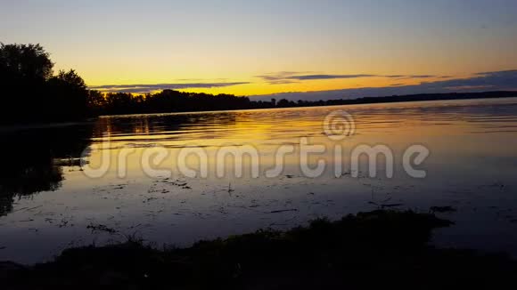 夏天平静的湖面日出或日落清晨黄昏宁静的湖滨田园风光视频的预览图