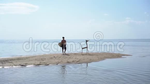 一个带着冲浪板的年轻人站在一只木头动物旁边它是用棍子在水中央的一个沙岛上做的视频的预览图