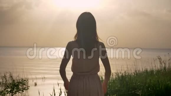 年轻快乐的女孩站在海边举起双手触摸头发转动阳光剪影50fps视频的预览图