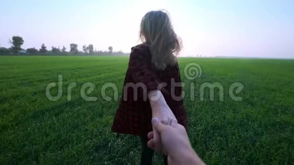 跟着我年轻快乐的女孩在日落时分穿过一片绿色的小麦地慢动作镜头耀斑视频的预览图