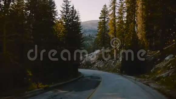 一辆车上的照相机正沿着美丽的森林山路行驶在日落时在树间转弯在约塞米蒂缓慢的运动视频的预览图