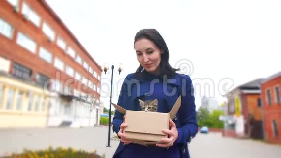 万向架射击的女孩把一盒被遗弃的小猫带到动物收容所视频的预览图