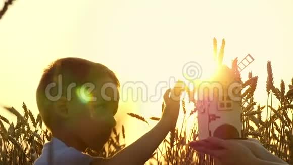 快乐的孩子在日落时玩一个小木风车麦田农业和收获的概念视频的预览图