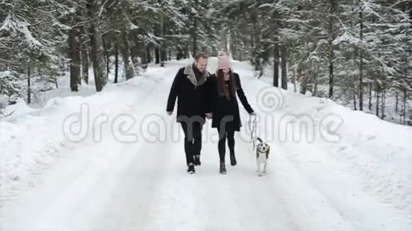 年轻漂亮的家庭在冬天的森林里和一只狗玩男人和女人在森林里和比格一起散步视频的预览图