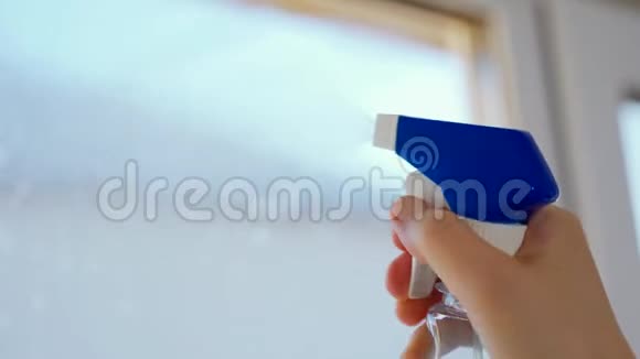 女人喷窗户清洁剂那个女孩在家洗窗户视频的预览图