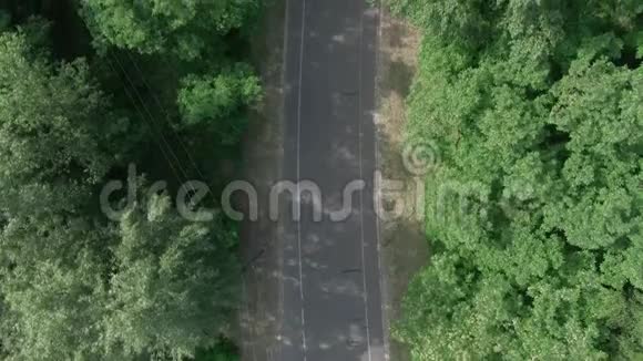 在炎热的夏日缓慢地飞过树木和柏油路视频的预览图