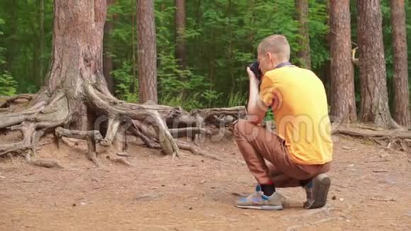 森林里的一个年轻人为一棵树的根拍照视频的预览图