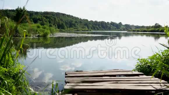 湖在一个晴朗的夏日与森林对映前景有一个码头视频的预览图