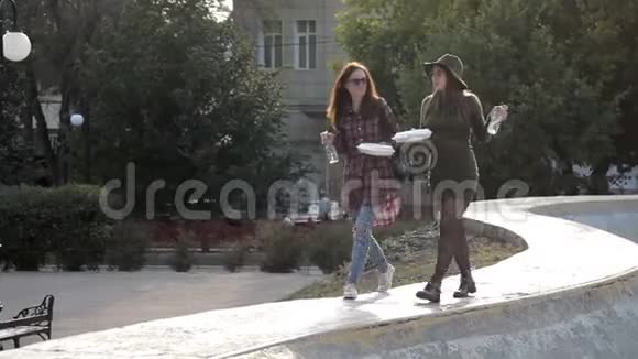 两个年轻女孩正在公园里散步带着一盒食物和水三明治走路视频的预览图
