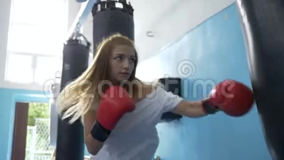 拳击馆戴手套的年轻女运动员打拳视频的预览图