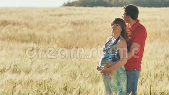 孕妇和她的丈夫一起抱在肚子上在户外野外视频的预览图