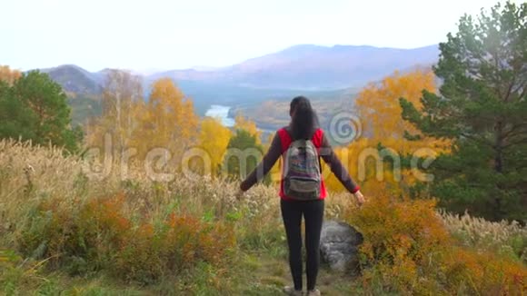 徒步旅行者女双臂举在山顶看日落徒步旅行者女孩旅行者女性视频的预览图