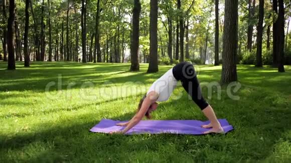 在公园的健身垫上伸展快乐微笑的女人的4K镜头中年妇女在森林做瑜伽练习视频的预览图