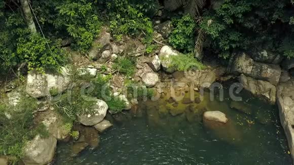 热带森林中的空中射击湖和石头绿雨林和湖水无人机观景热带树木和绿色视频的预览图