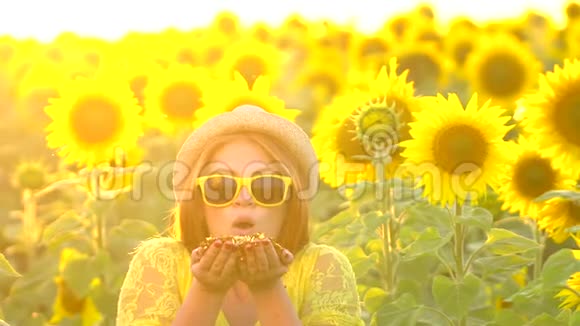 红色长发的美女站在黄色的向日葵田里吹着金色的闪光户外快乐的女人青少年视频的预览图
