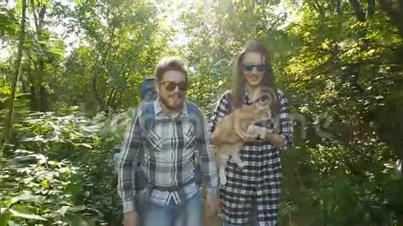 年轻夫妇带着他们的猫和背包在森林里旅游及远足概念视频的预览图