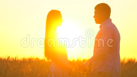 浪漫的年轻幸福夫妇在夕阳下金色麦田的剪影女人和男人拥抱亲吻视频的预览图