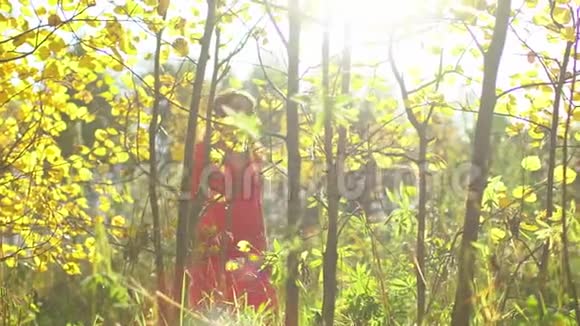 美丽的剪影浪漫的微笑年轻的女人穿着红色的长裙在森林里日落美丽快乐的女人视频的预览图