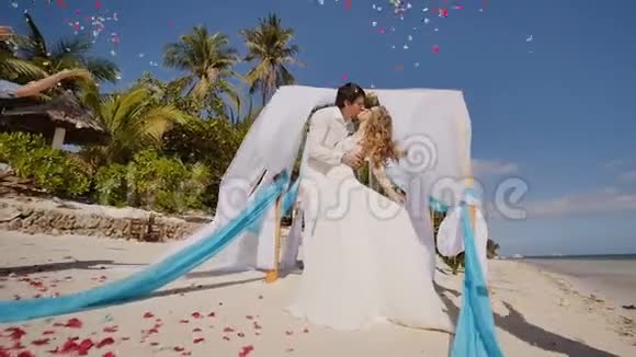 在海边的热带海滩上结婚在拱门下亲吻白色和蓝色的翅膀在空中飞翔视频的预览图