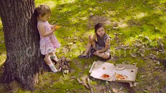 两个女孩在公园里吃披萨视频的预览图