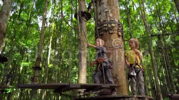 两个穿着安全带的小男孩在森林探险公园的一条路线上爬他们沿着高绳小径攀登室外视频的预览图