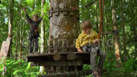 两个穿着安全带的小男孩在森林探险公园的一条路线上爬他们沿着高绳小径攀登室外视频的预览图