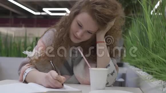 年轻漂亮的红发女人坐在咖啡馆里写在笔记本上视频的预览图