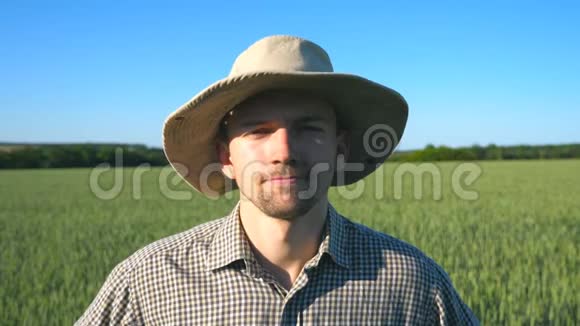 在绿色麦田的背景下自信的农民戴着帽子看着镜头的肖像关闭视频的预览图