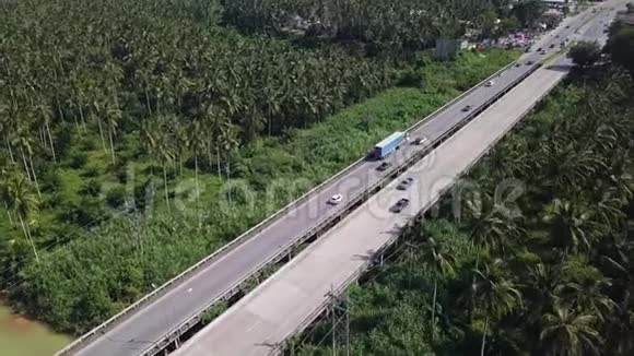 棕榈树种间道路交通行车的鸟瞰图在混凝土道路上飞行的电影机视频的预览图