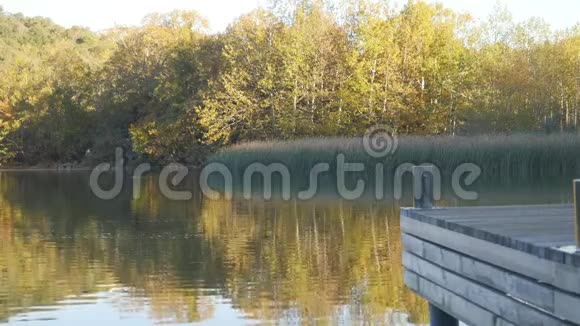 背景为秋湖海岸的空木甲板桌视频的预览图