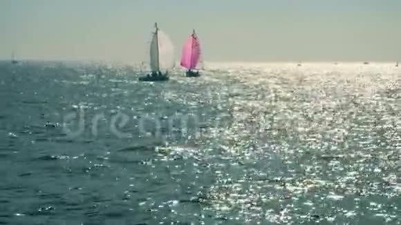 游艇在公海上航行在阳光明媚的天气里两艘帆船相交视频的预览图