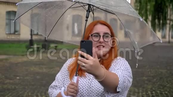 戴眼镜的胖姜女在雨天公园的智能手机上用视频聊天笑着拿着伞视频的预览图