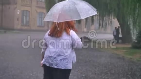 胖姜姑娘的剪影在雨下公园里跳跃撑着伞后景视频的预览图