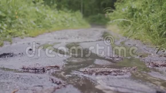 草地背景下雨中泥泞小路的特写库存录像在泥泞中拍摄雨滴的宏观拍摄视频的预览图